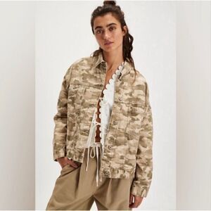 Free People We The Free Opal Swing Denim Jean Jacket Camouflage